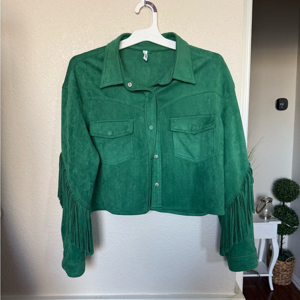 Green Suede Fringe Jacket medium Glam - Picture 12 of 13